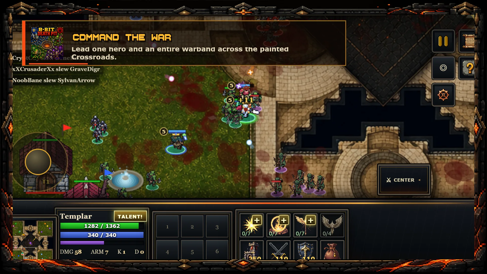 Footman Frenzy gameplay on the painted Crossroads map with heroes and warbands fighting