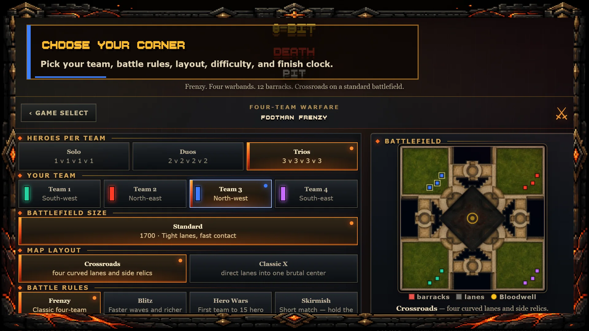 Current Footman Frenzy lobby showing hero, faction, team and corner selection