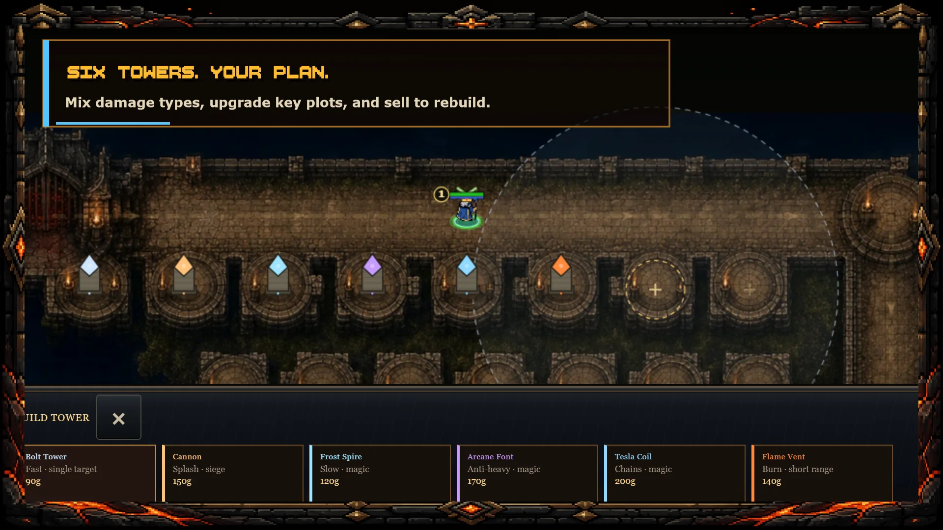 Compact mobile Tower Defense build tray displaying six tower classes