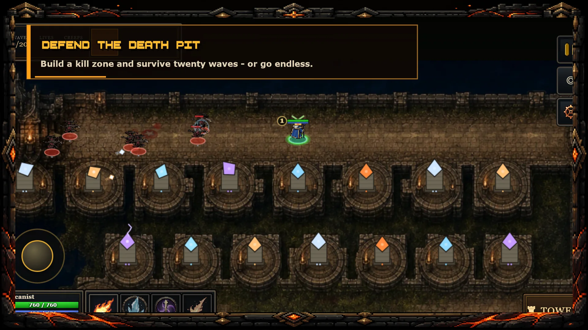 A current Tower Defense run with towers firing into a wave on the painted spiral battlefield